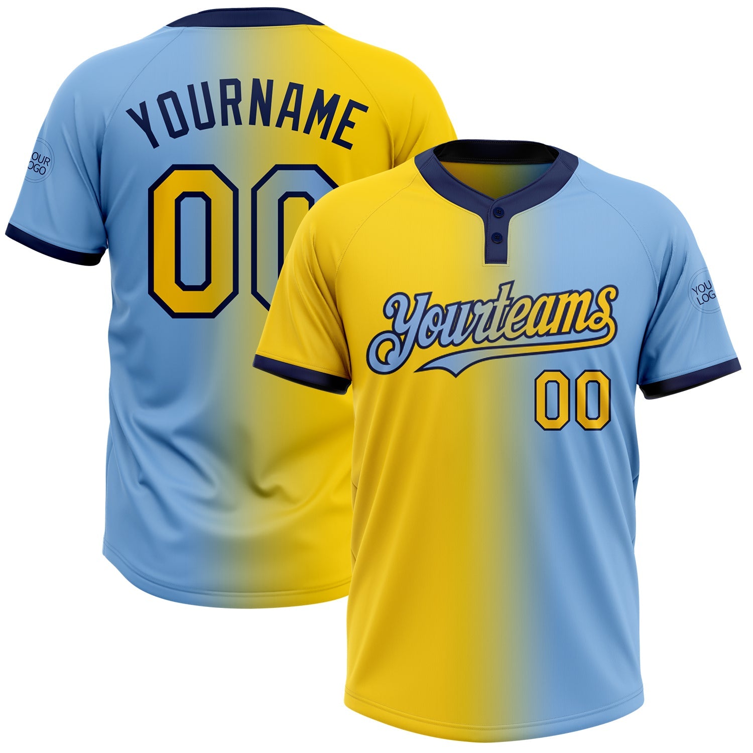 Custom Light Blue Yellow-Navy Gradient Fashion Two-Button Unisex Softball Jersey - Main View