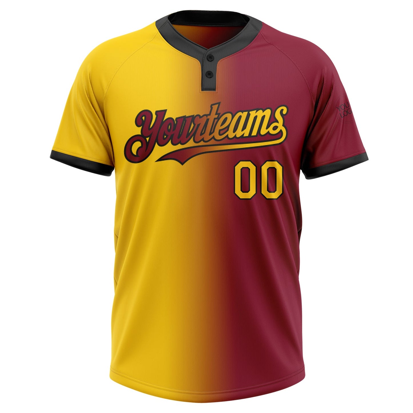 Custom Crimson Yellow-Black Gradient Fashion Two-Button Unisex Softball Jersey view 2
