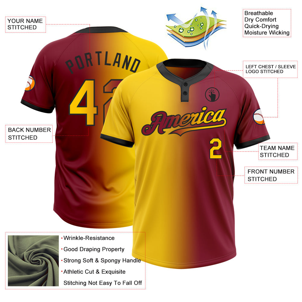 Custom Crimson Yellow-Black Gradient Fashion Two-Button Unisex Softball Jersey view 3