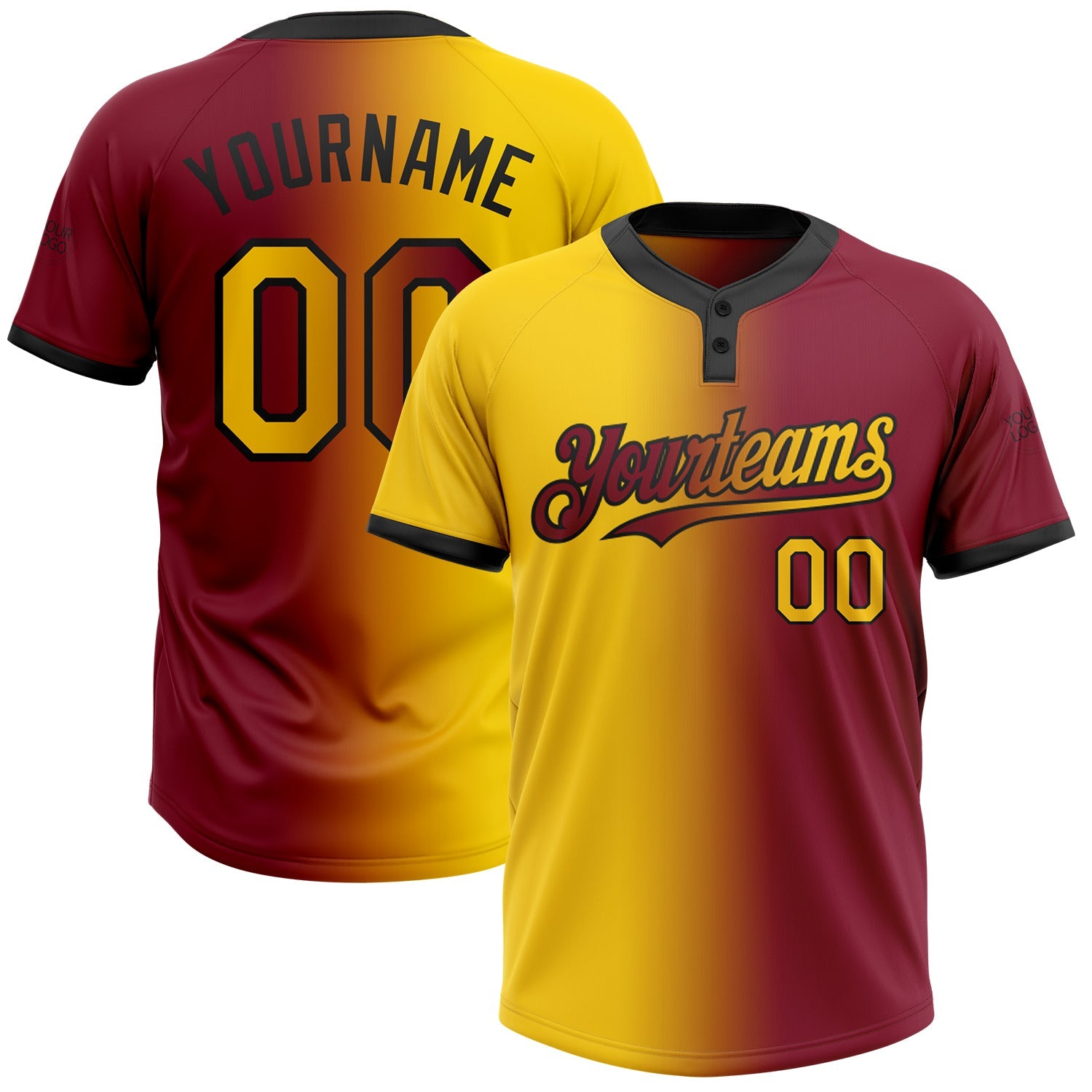 Custom Crimson Yellow-Black Gradient Fashion Two-Button Unisex Softball Jersey - Main View