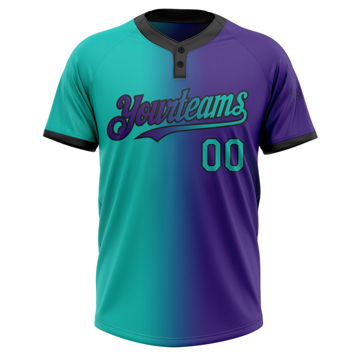 Custom Purple Aqua-Black Gradient Fashion Two-Button Unisex Softball Jersey view 2