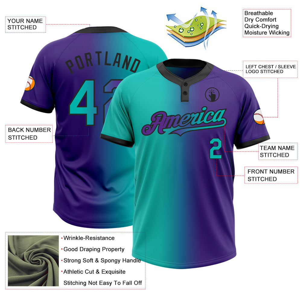 Custom Purple Aqua-Black Gradient Fashion Two-Button Unisex Softball Jersey view 3