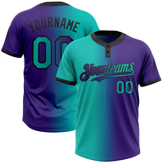 Custom Purple Aqua-Black Gradient Fashion Two-Button Unisex Softball Jersey - Main View