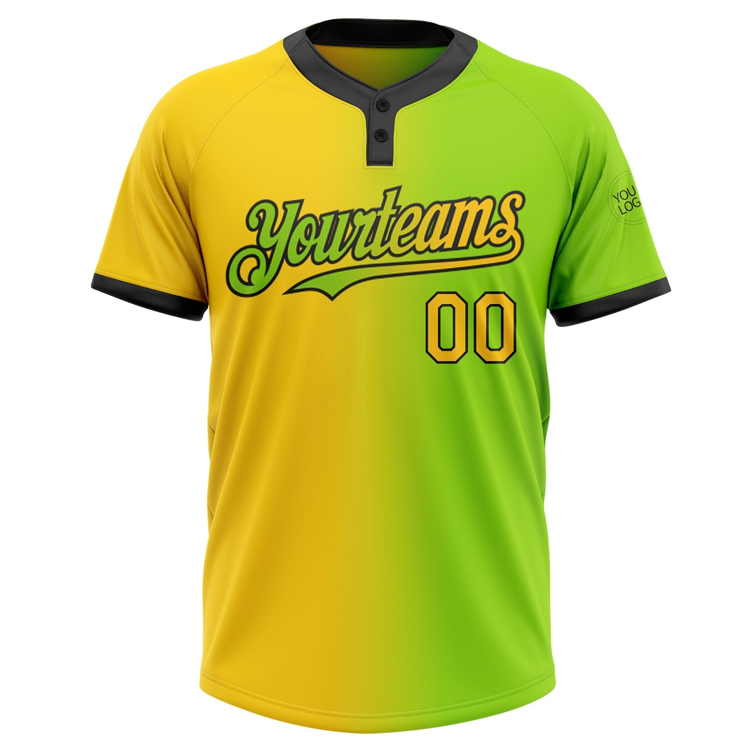 Custom Neon Green Yellow-Black Gradient Fashion Two-Button Unisex Softball Jersey view 2