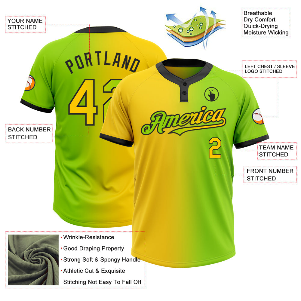 Custom Neon Green Yellow-Black Gradient Fashion Two-Button Unisex Softball Jersey view 3