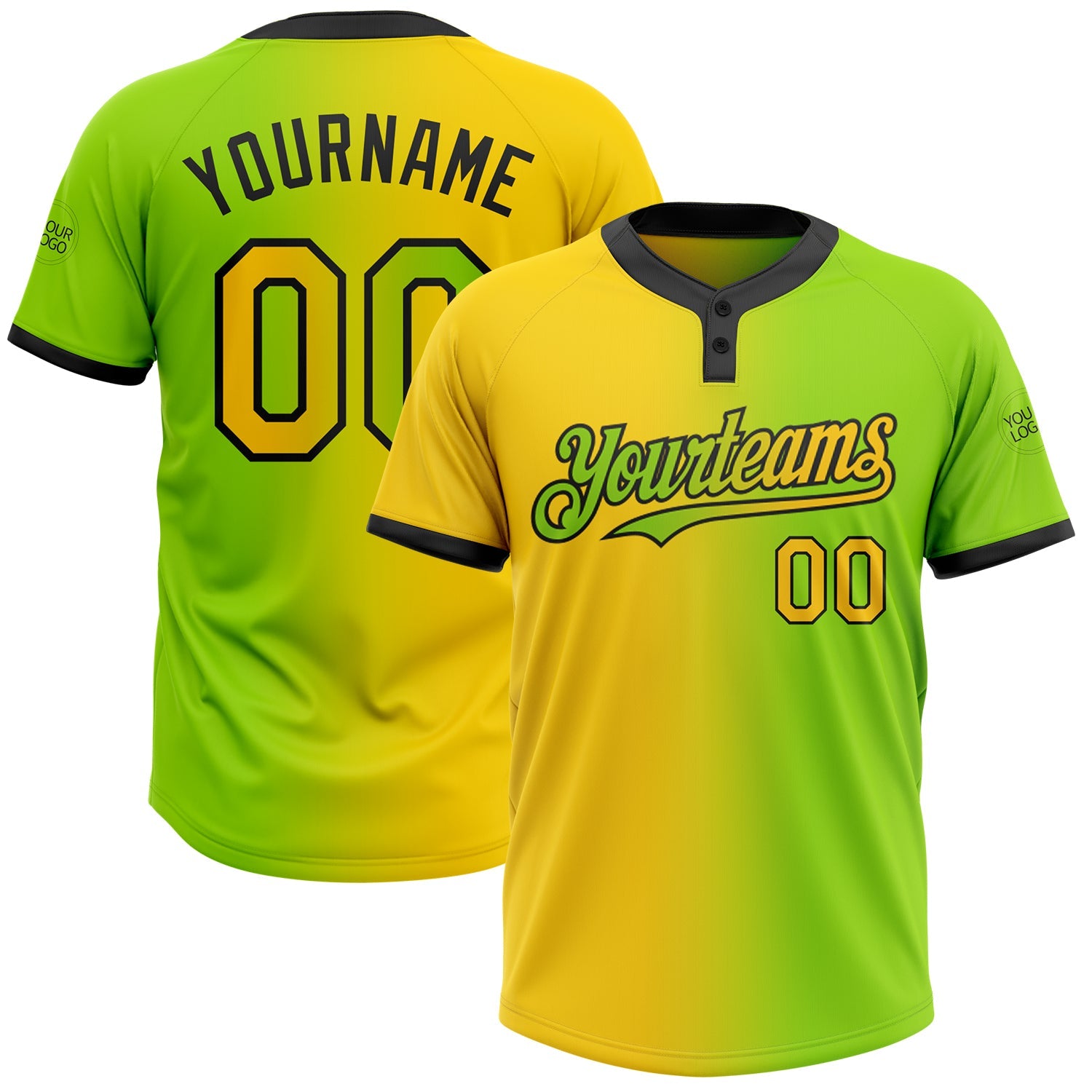 Custom Neon Green Yellow-Black Gradient Fashion Two-Button Unisex Softball Jersey - Main View