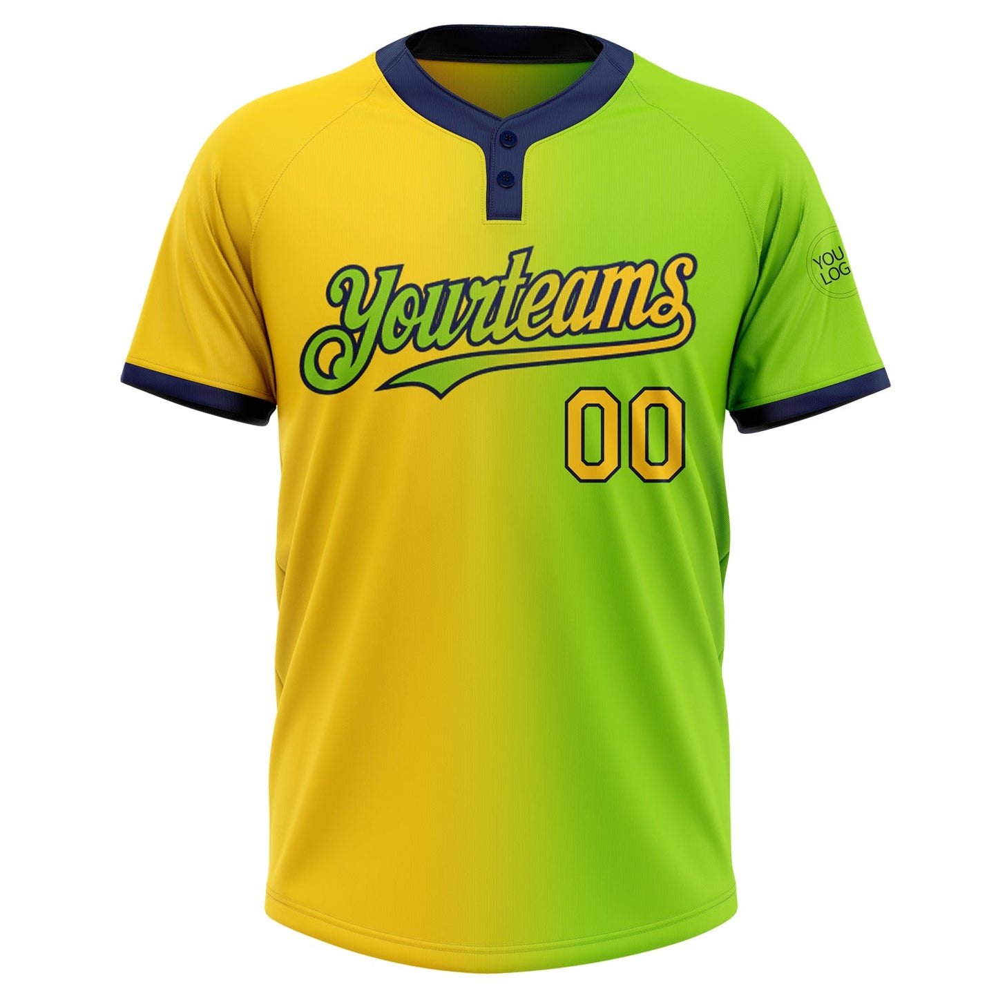 Custom Neon Green Yellow-Navy Gradient Fashion Two-Button Unisex Softball Jersey view 2