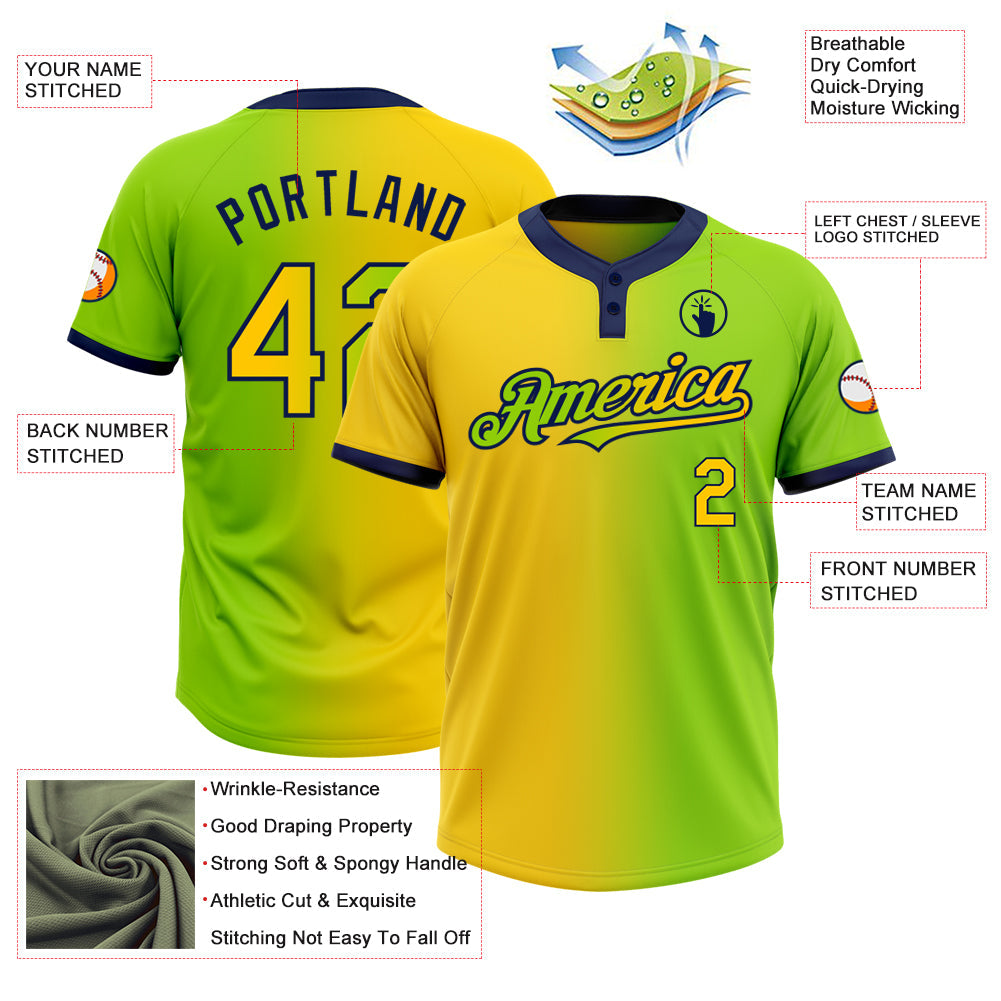 Custom Neon Green Yellow-Navy Gradient Fashion Two-Button Unisex Softball Jersey view 3