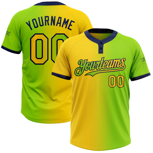 Custom Neon Green Yellow-Navy Gradient Fashion Two-Button Unisex Softball Jersey - Main View