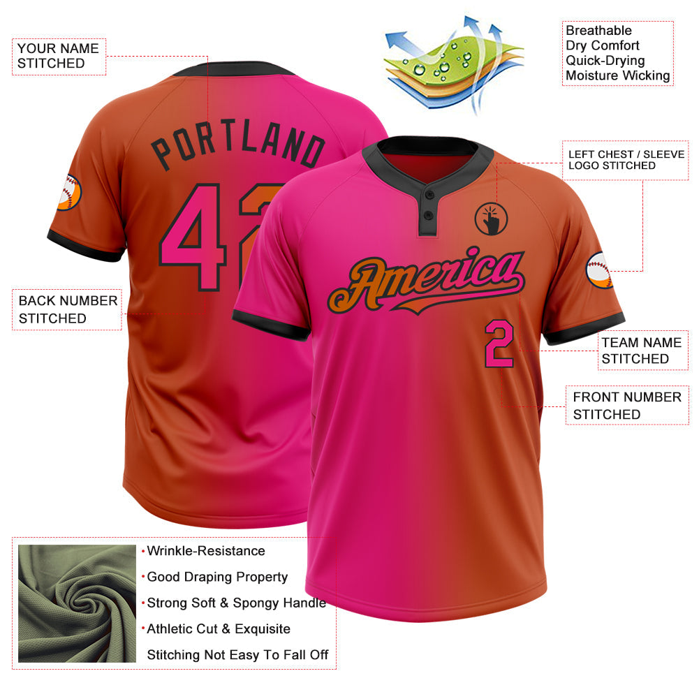 Custom Texas Orange Hot Pink-Black Gradient Fashion Two-Button Unisex Softball Jersey view 3