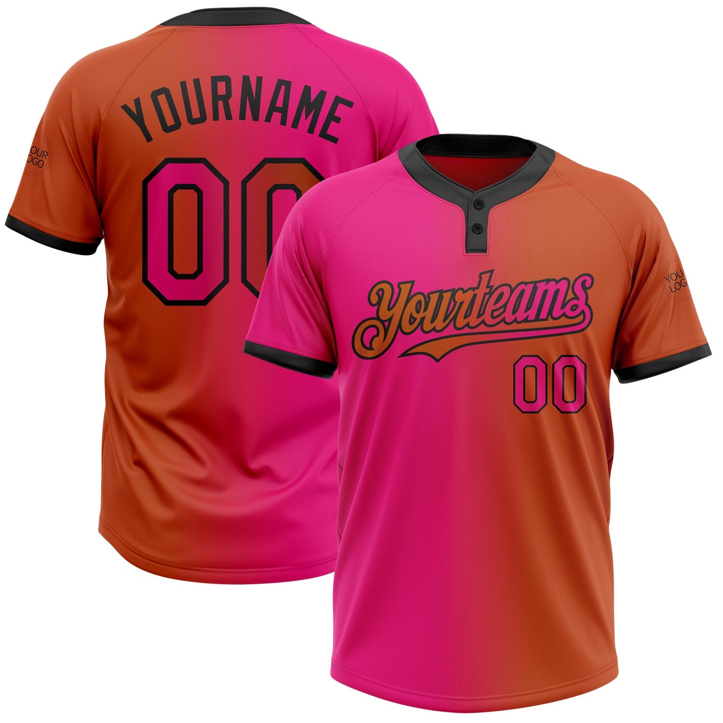 Custom Texas Orange Hot Pink-Black Gradient Fashion Two-Button Unisex Softball Jersey - Main View