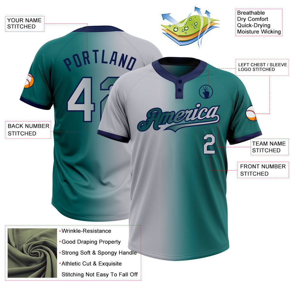 Custom Teal Gray-Navy Gradient Fashion Two-Button Unisex Softball Jersey view 3