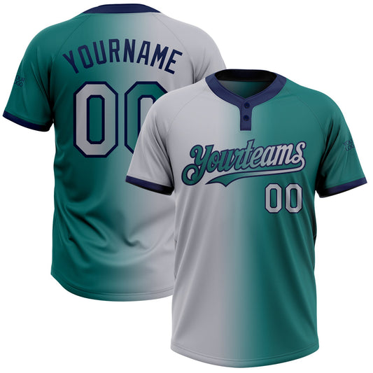Custom Teal Gray-Navy Gradient Fashion Two-Button Unisex Softball Jersey - Main View