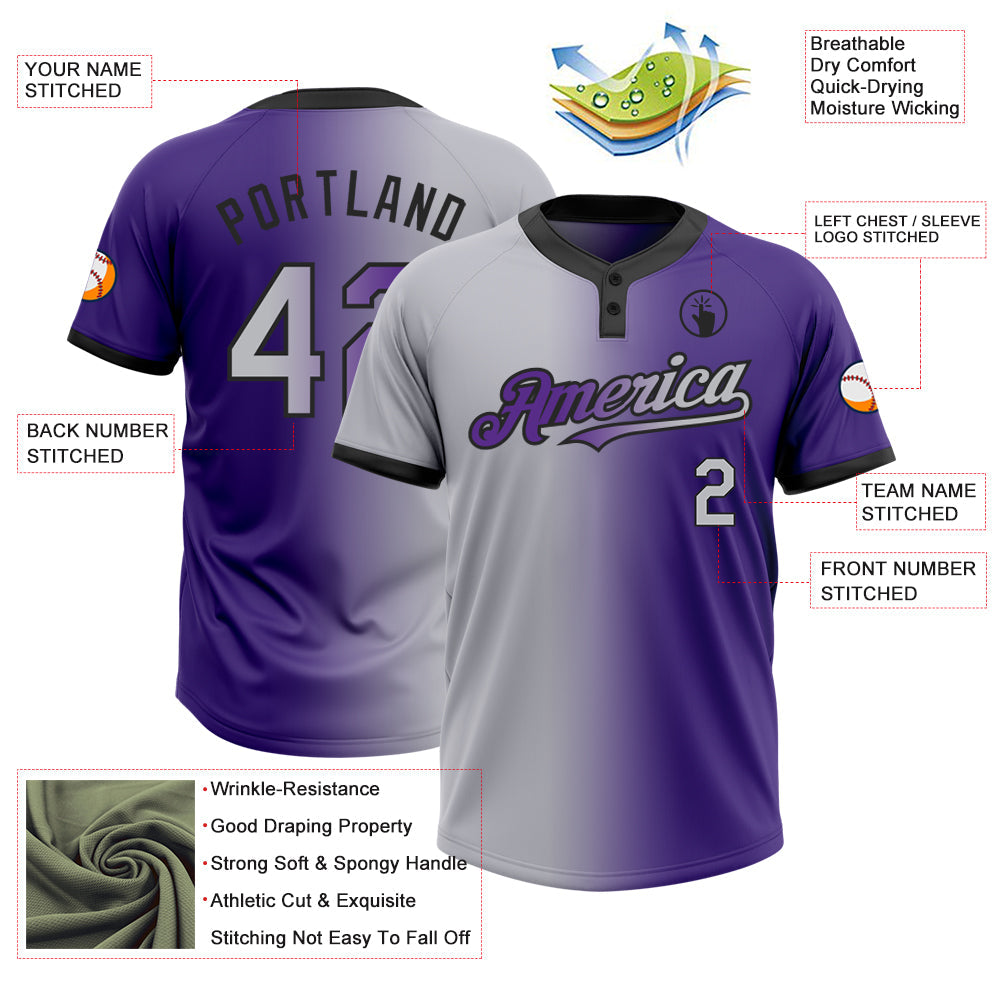 Custom Purple Gray-Black Gradient Fashion Two-Button Unisex Softball Jersey view 3