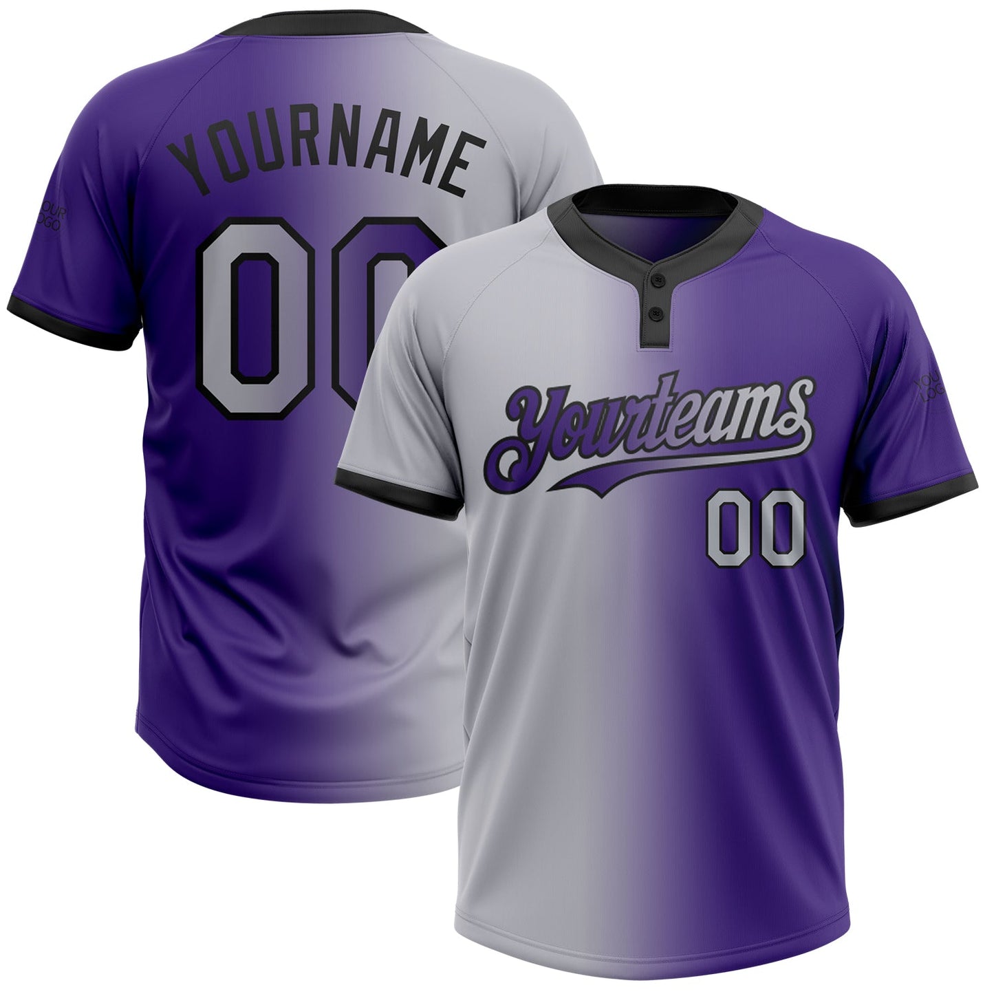 Custom Purple Gray-Black Gradient Fashion Two-Button Unisex Softball Jersey - Main View