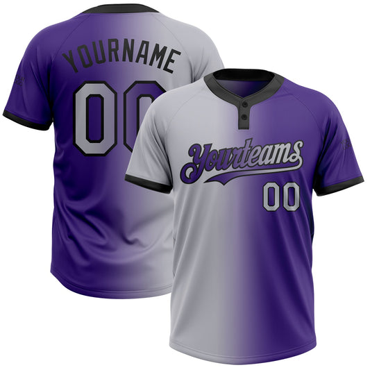 Custom Purple Gray-Black Gradient Fashion Two-Button Unisex Softball Jersey - Main View