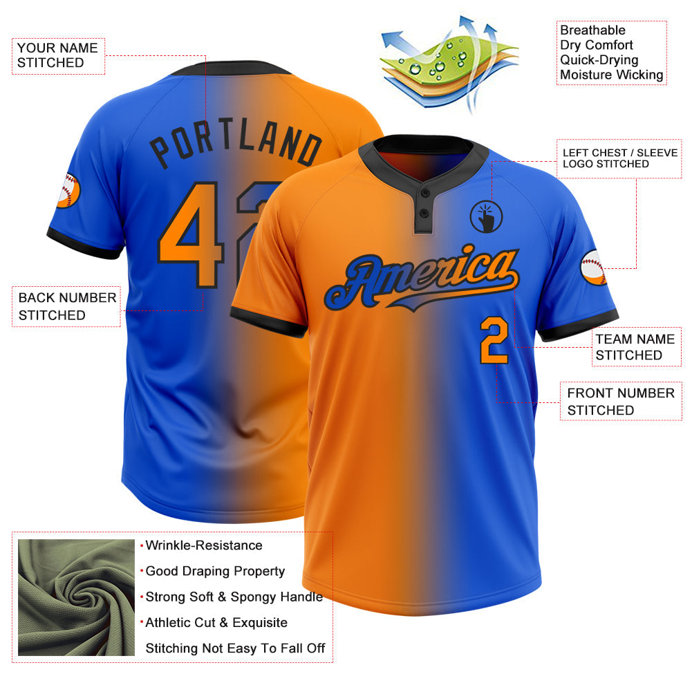 Custom Thunder Blue Bay Orange-Black Gradient Fashion Two-Button Unisex Softball Jersey view 3