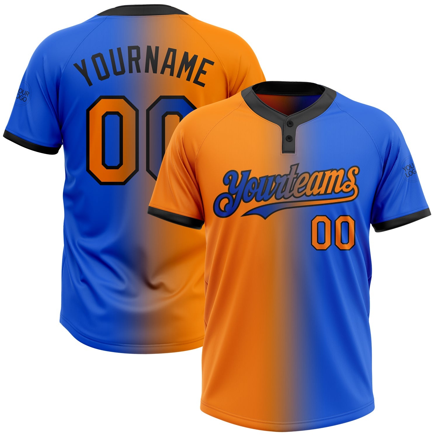 Custom Thunder Blue Bay Orange-Black Gradient Fashion Two-Button Unisex Softball Jersey - Main View