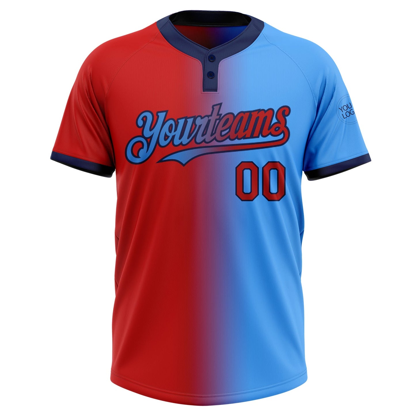 Custom Electric Blue Red-Navy Gradient Fashion Two-Button Unisex Softball Jersey view 2