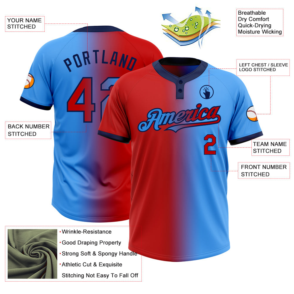 Custom Electric Blue Red-Navy Gradient Fashion Two-Button Unisex Softball Jersey view 3