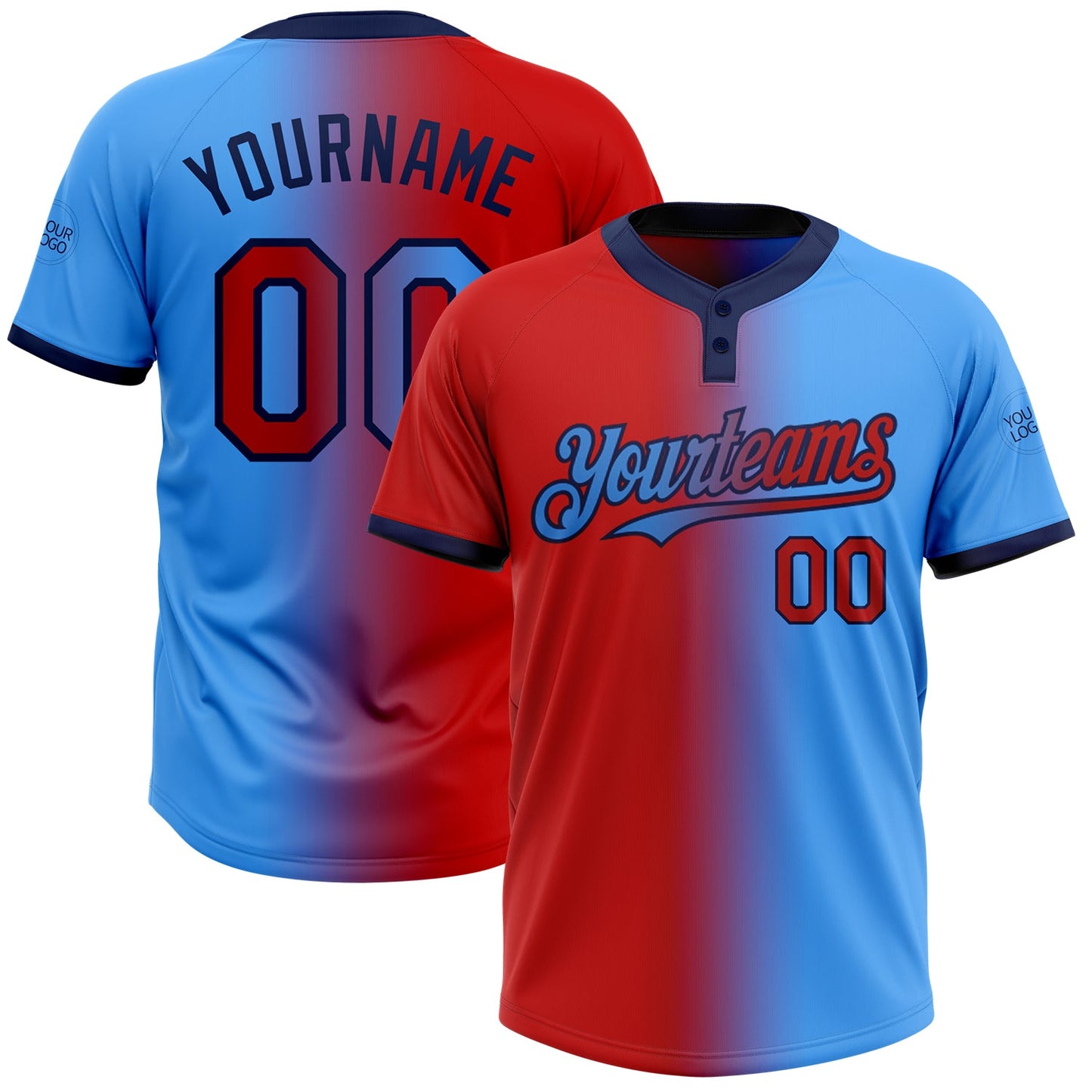 Custom Electric Blue Red-Navy Gradient Fashion Two-Button Unisex Softball Jersey - Main View