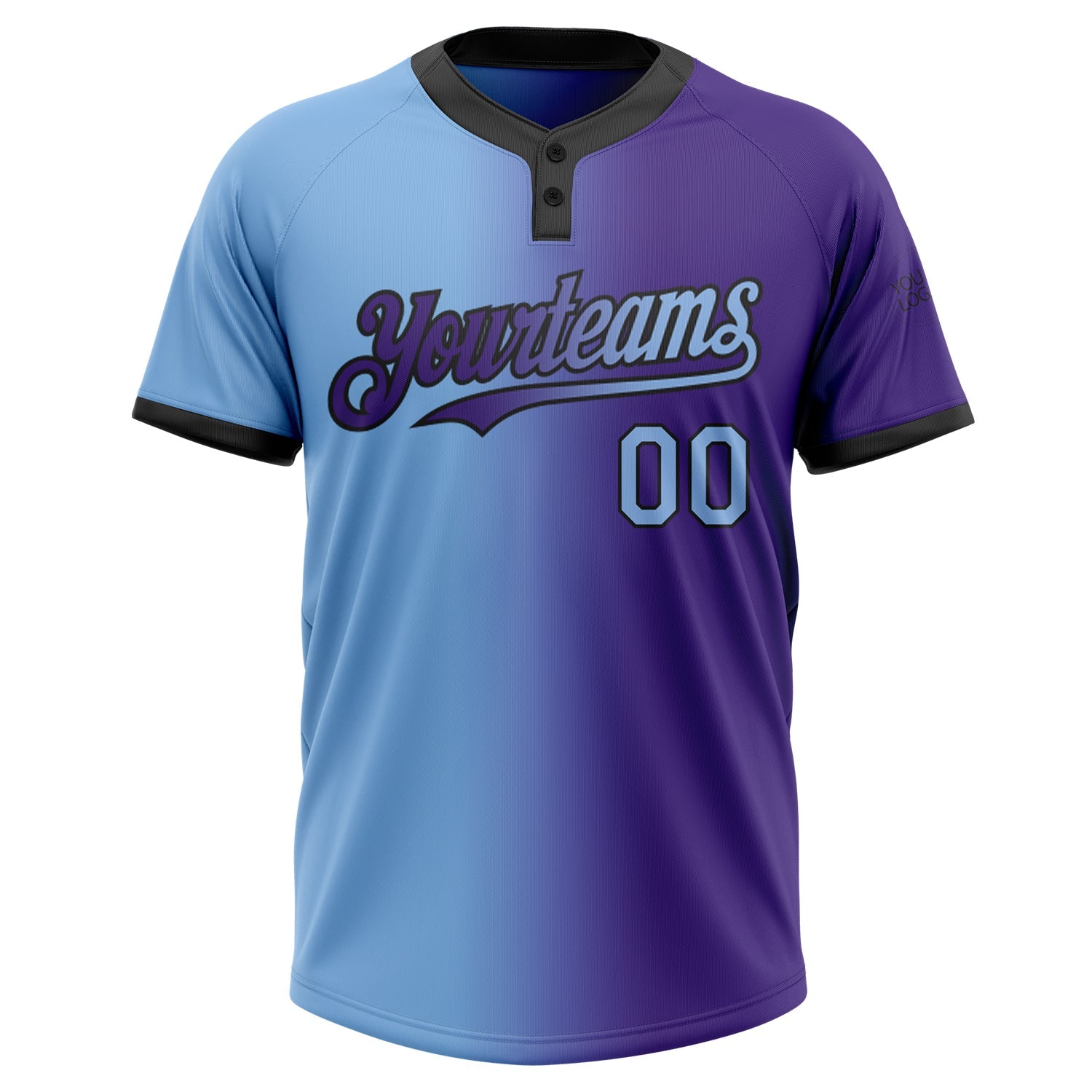 Custom Purple Light Blue-Black Gradient Fashion Two-Button Unisex Softball Jersey view 2