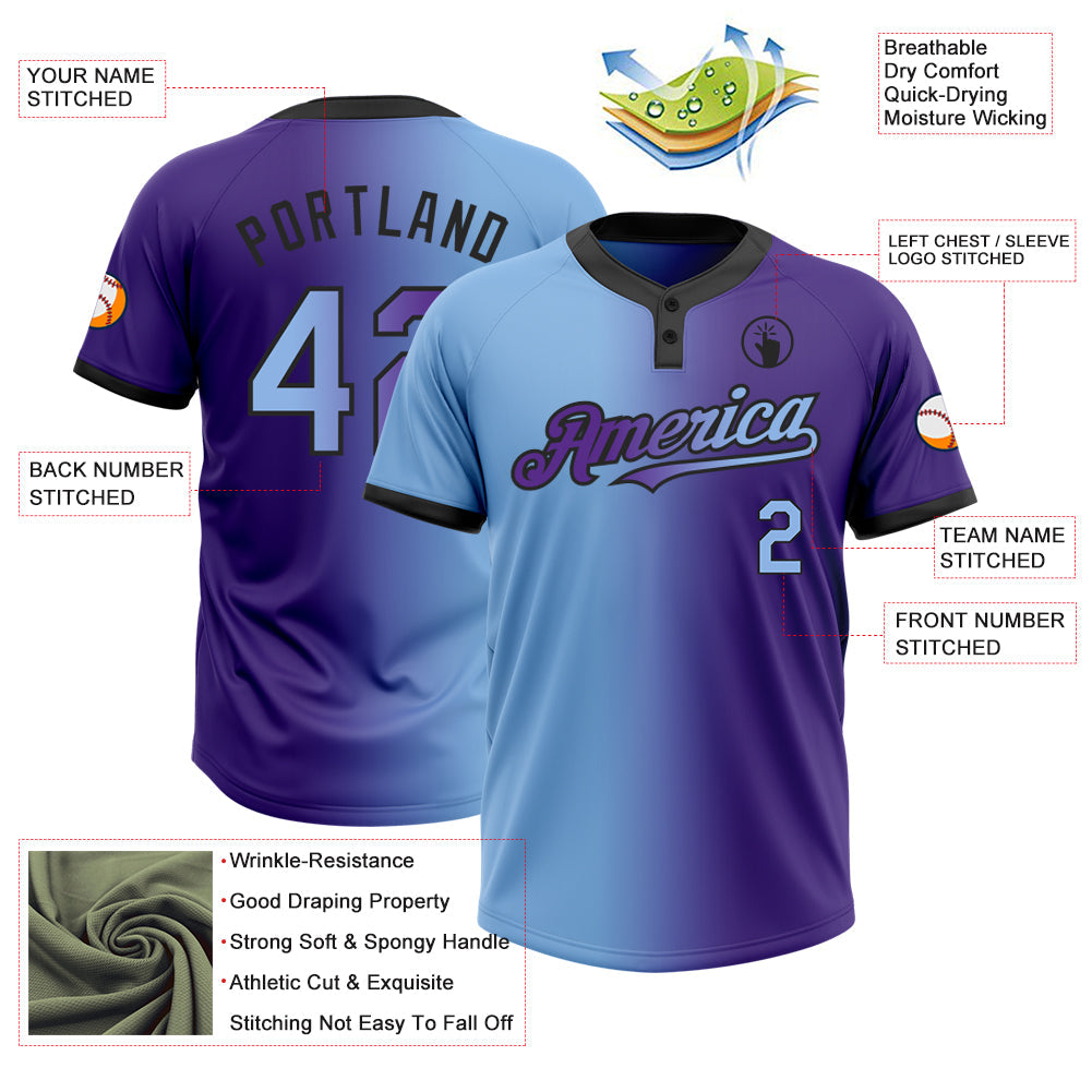 Custom Purple Light Blue-Black Gradient Fashion Two-Button Unisex Softball Jersey view 3