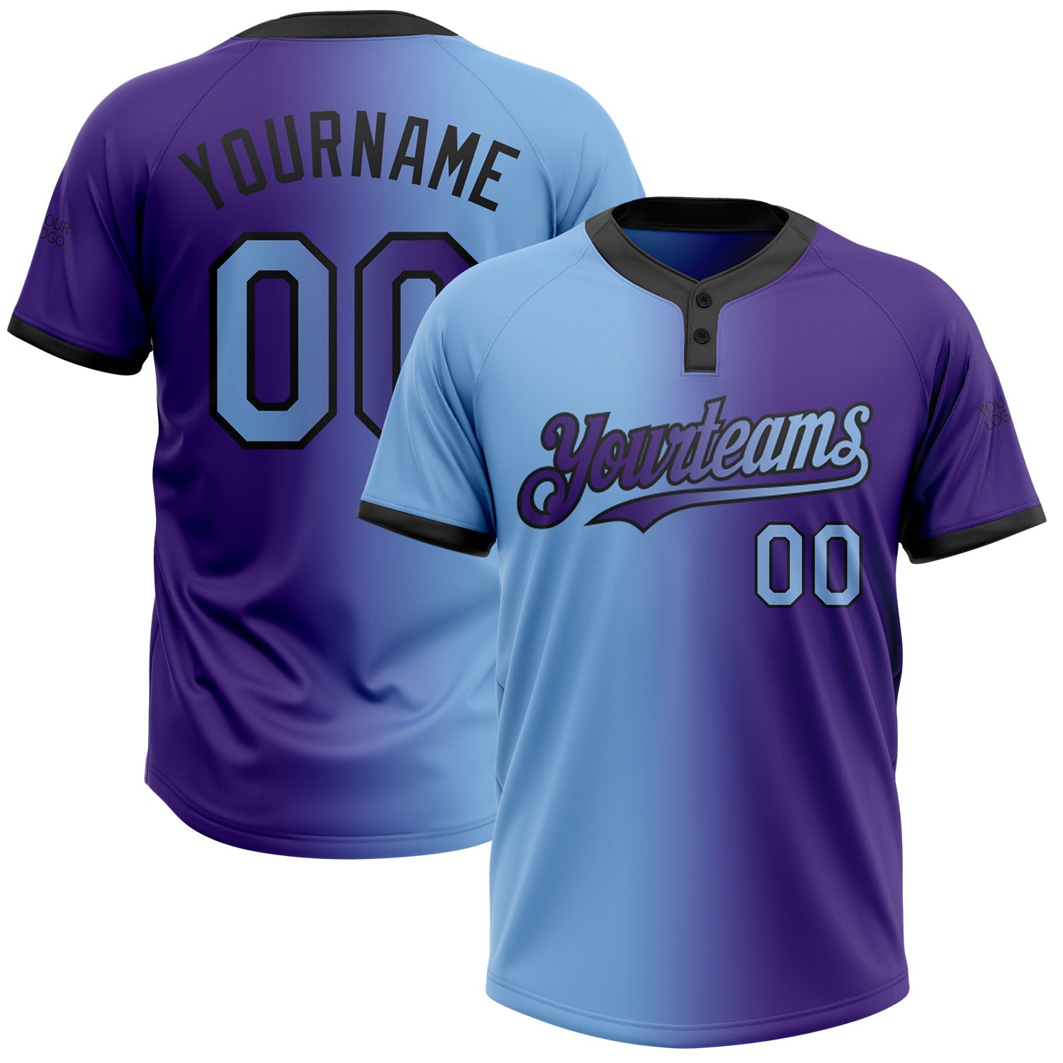 Custom Purple Light Blue-Black Gradient Fashion Two-Button Unisex Softball Jersey - Main View