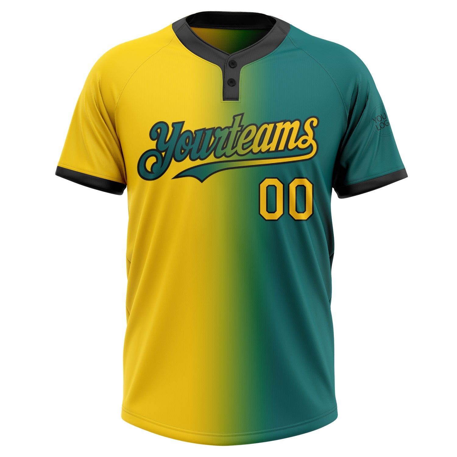 Custom Teal Yellow-Black Gradient Fashion Two-Button Unisex Softball Jersey view 2