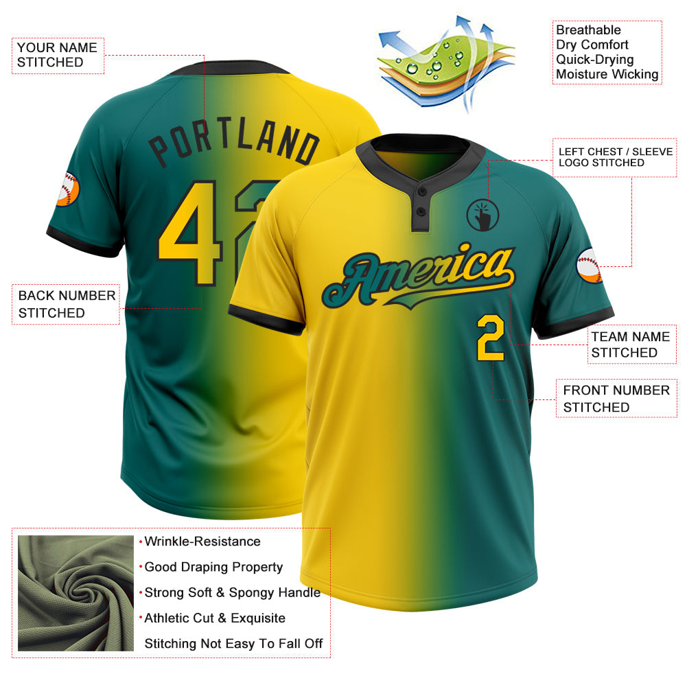 Custom Teal Yellow-Black Gradient Fashion Two-Button Unisex Softball Jersey view 3