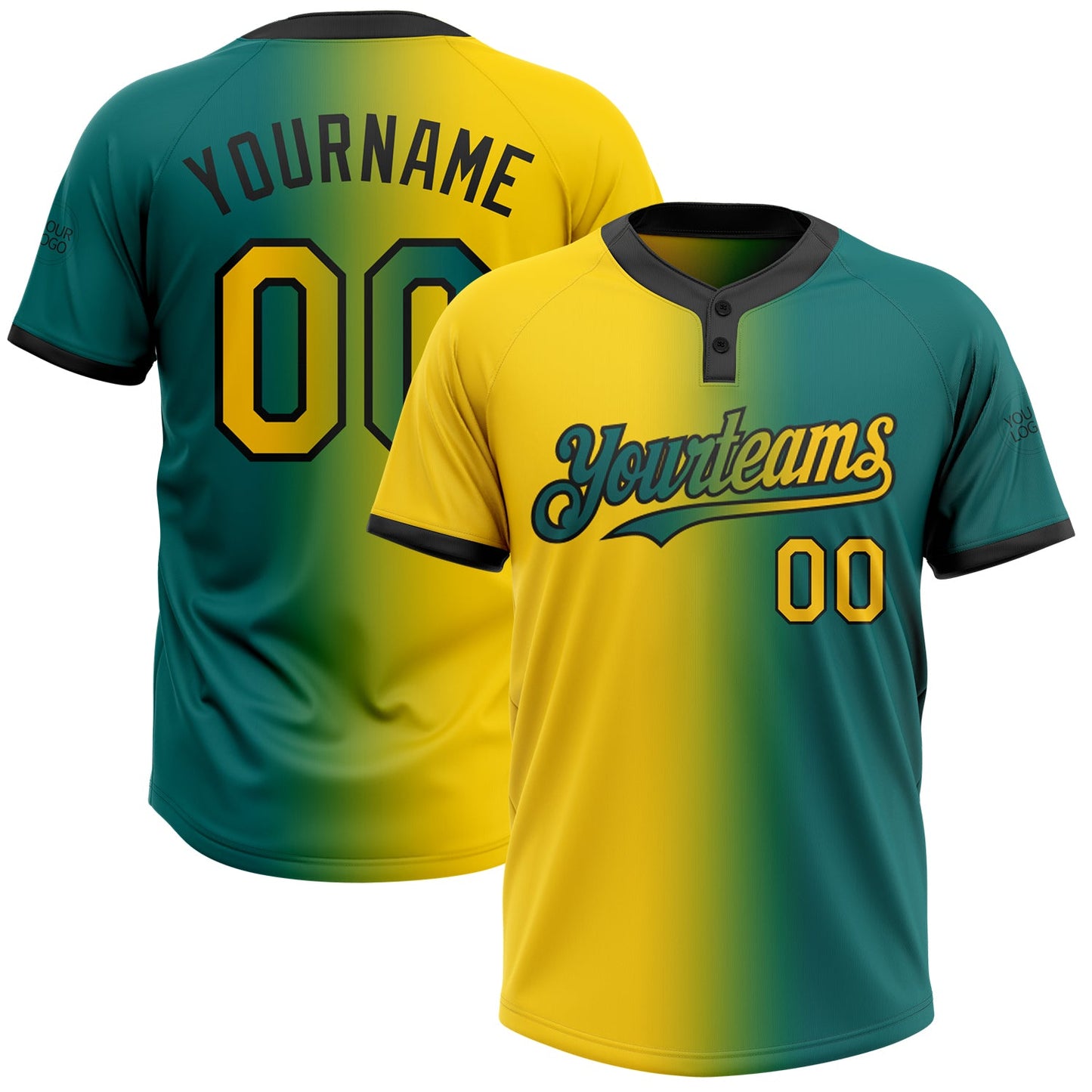 Custom Teal Yellow-Black Gradient Fashion Two-Button Unisex Softball Jersey - Main View