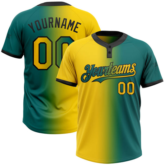 Custom Teal Yellow-Black Gradient Fashion Two-Button Unisex Softball Jersey - Main View