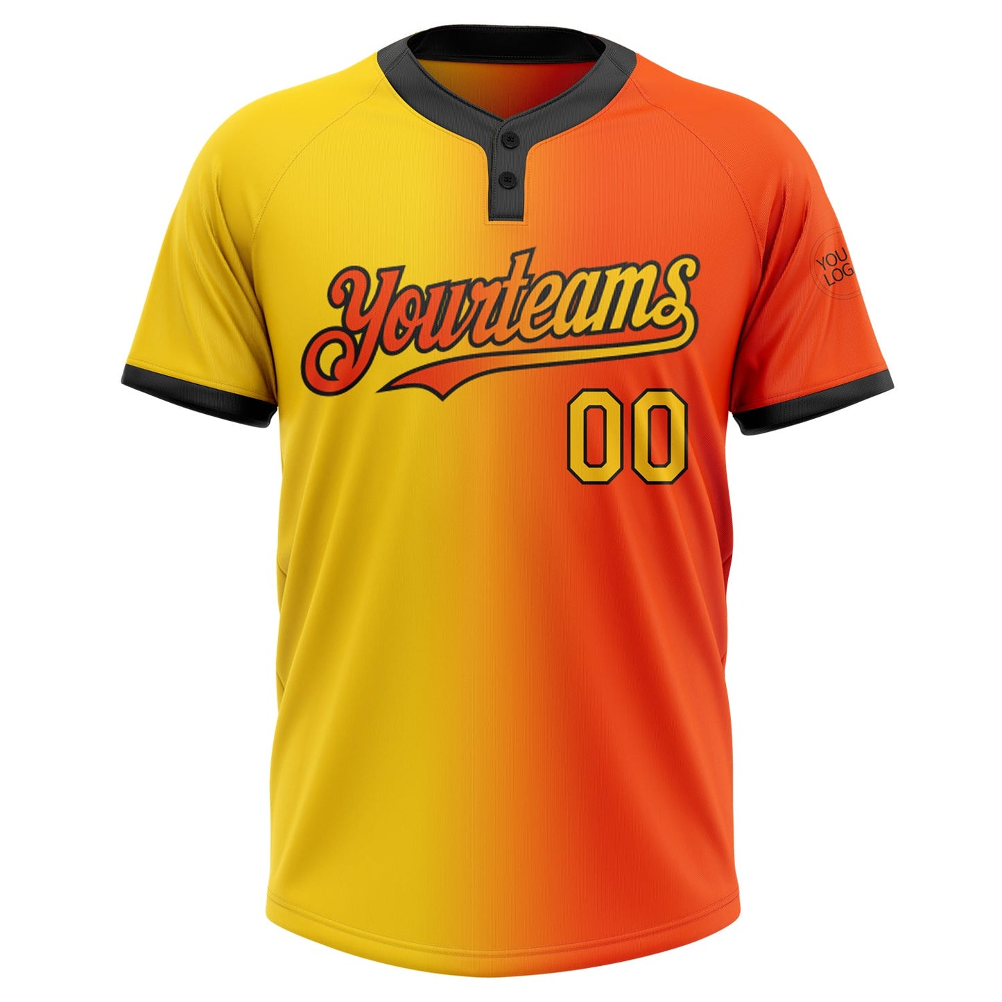 Custom Orange Yellow-Black Gradient Fashion Two-Button Unisex Softball Jersey view 2