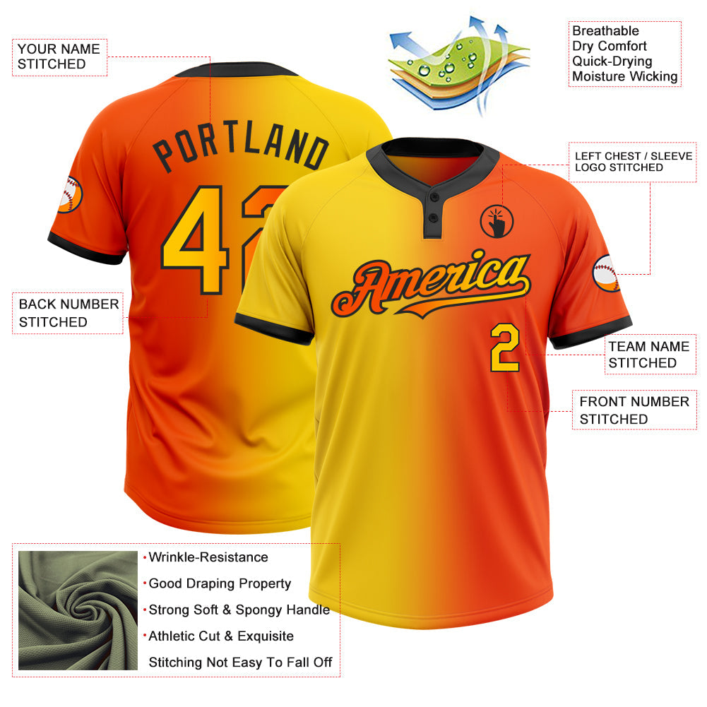 Custom Orange Yellow-Black Gradient Fashion Two-Button Unisex Softball Jersey view 3