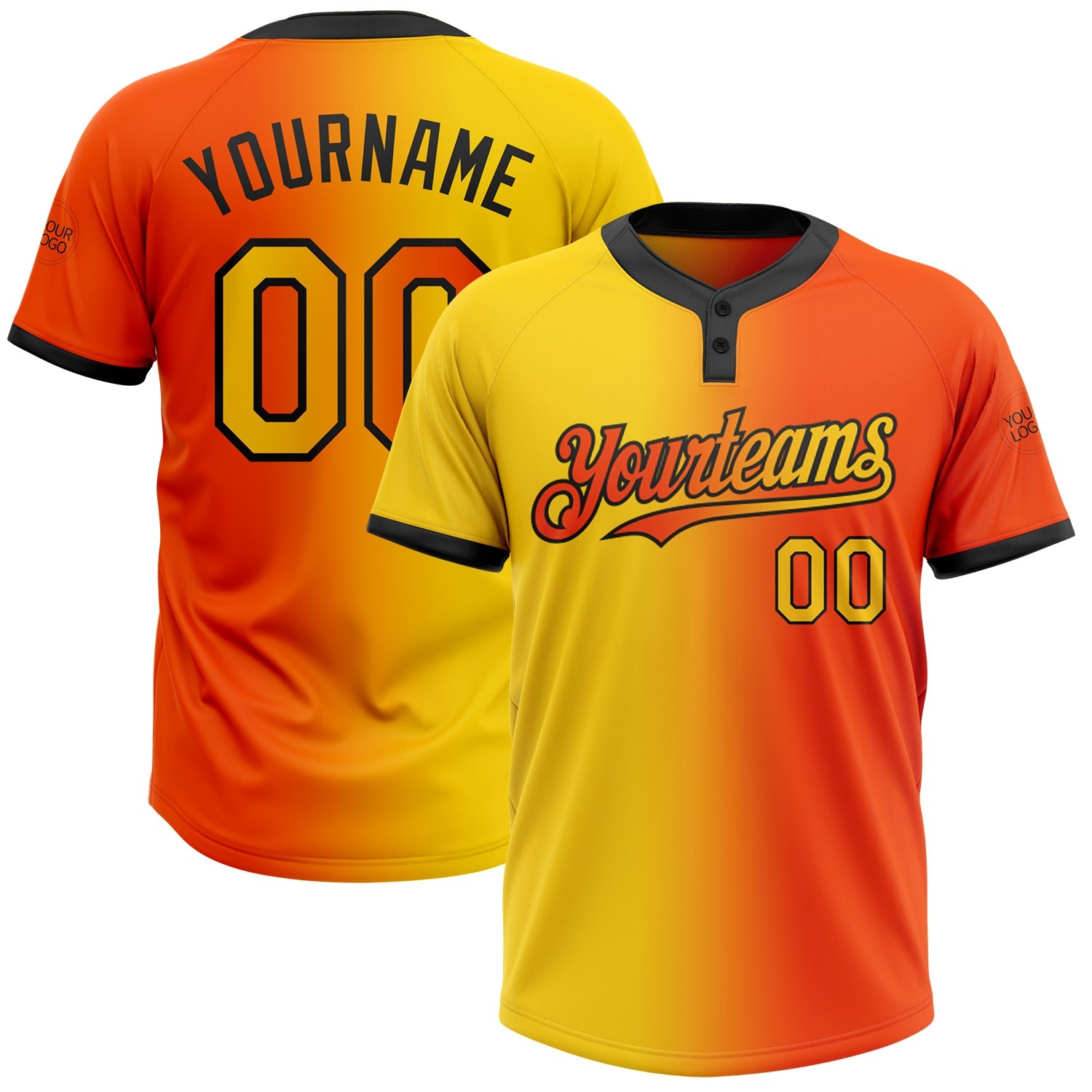 Custom Orange Yellow-Black Gradient Fashion Two-Button Unisex Softball Jersey - Main View