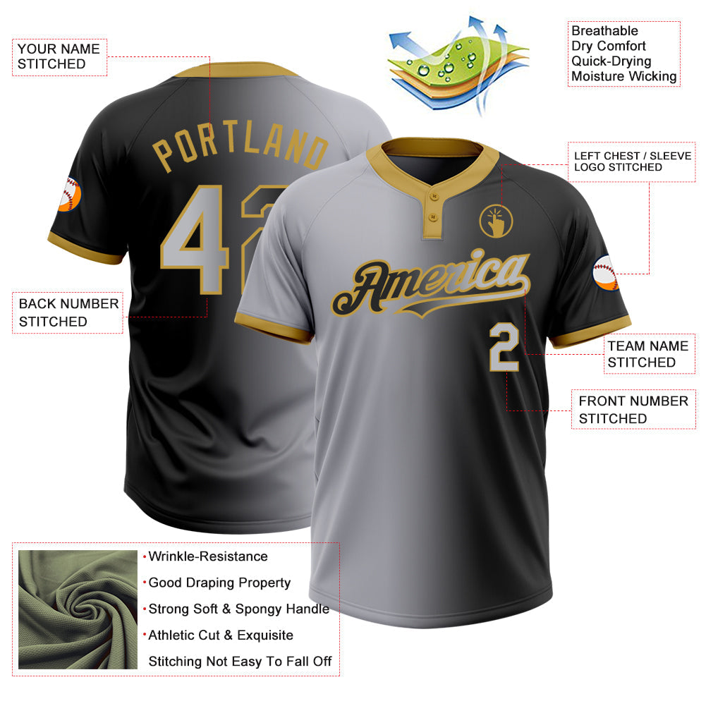Custom Black Gray-Old Gold Gradient Fashion Two-Button Unisex Softball Jersey view 3