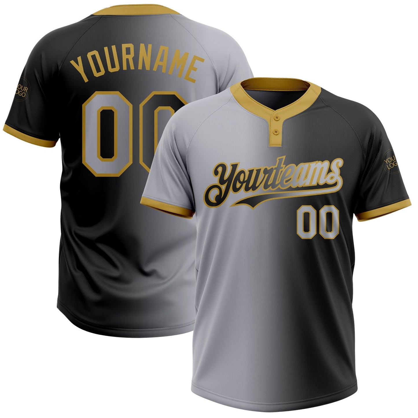 Custom Black Gray-Old Gold Gradient Fashion Two-Button Unisex Softball Jersey - Main View
