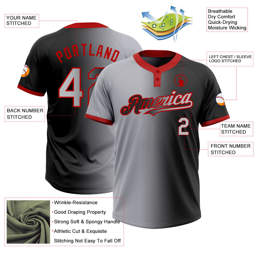 Custom Black Gray-Red Gradient Fashion Two-Button Unisex Softball Jersey view 3