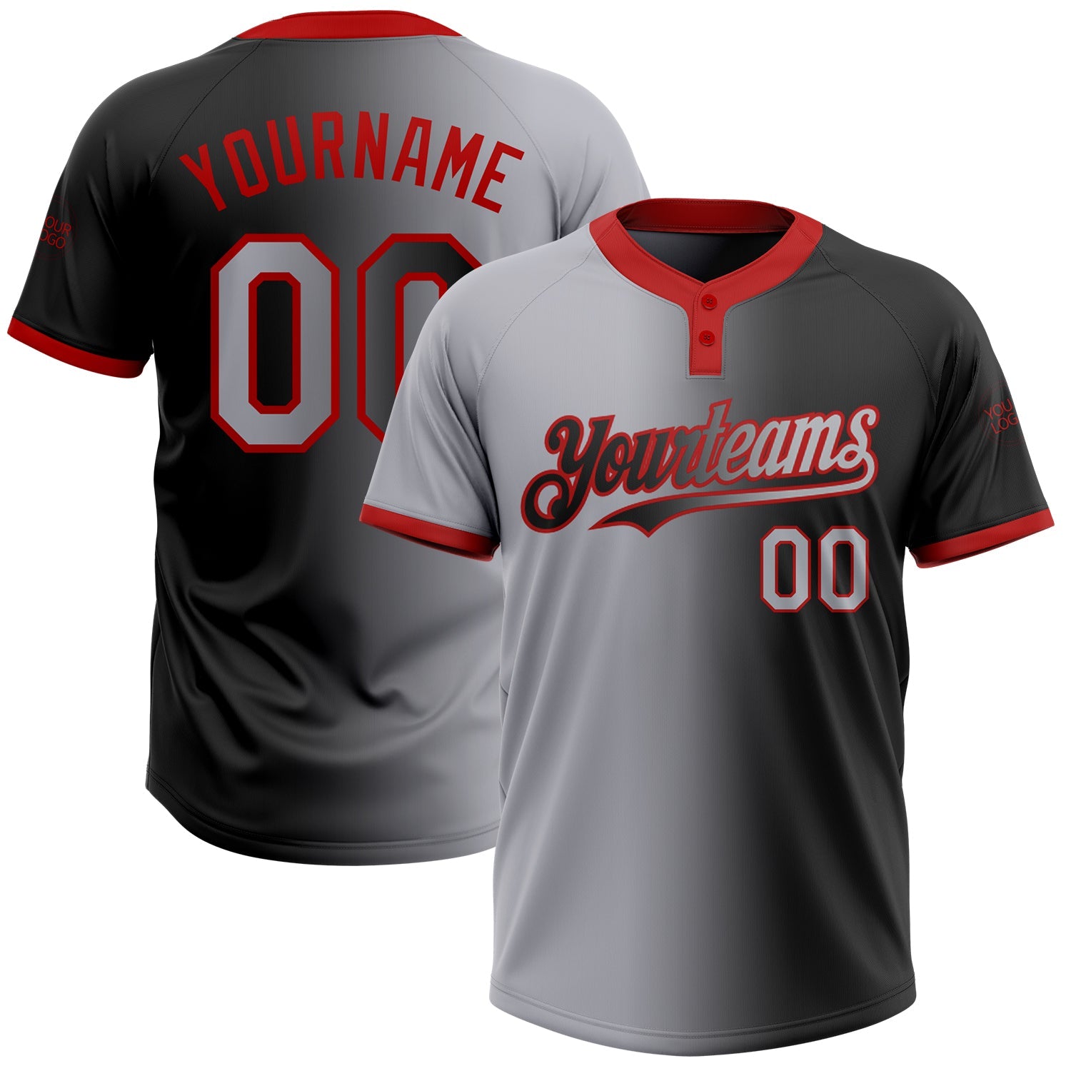 Custom Black Gray-Red Gradient Fashion Two-Button Unisex Softball Jersey - Main View