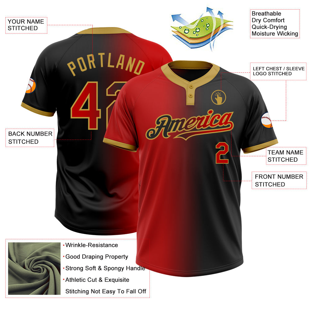 Custom Black Red-Old Gold Gradient Fashion Two-Button Unisex Softball Jersey view 3