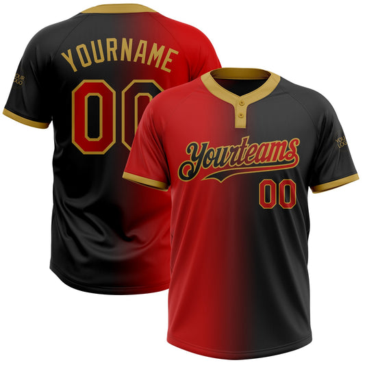 Custom Black Red-Old Gold Gradient Fashion Two-Button Unisex Softball Jersey - Main View