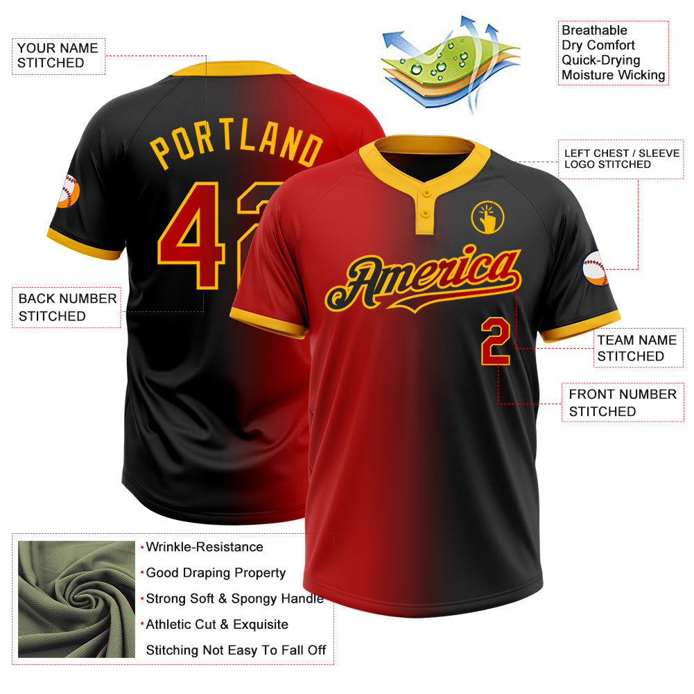 Custom Black Red-Gold Gradient Fashion Two-Button Unisex Softball Jersey view 3