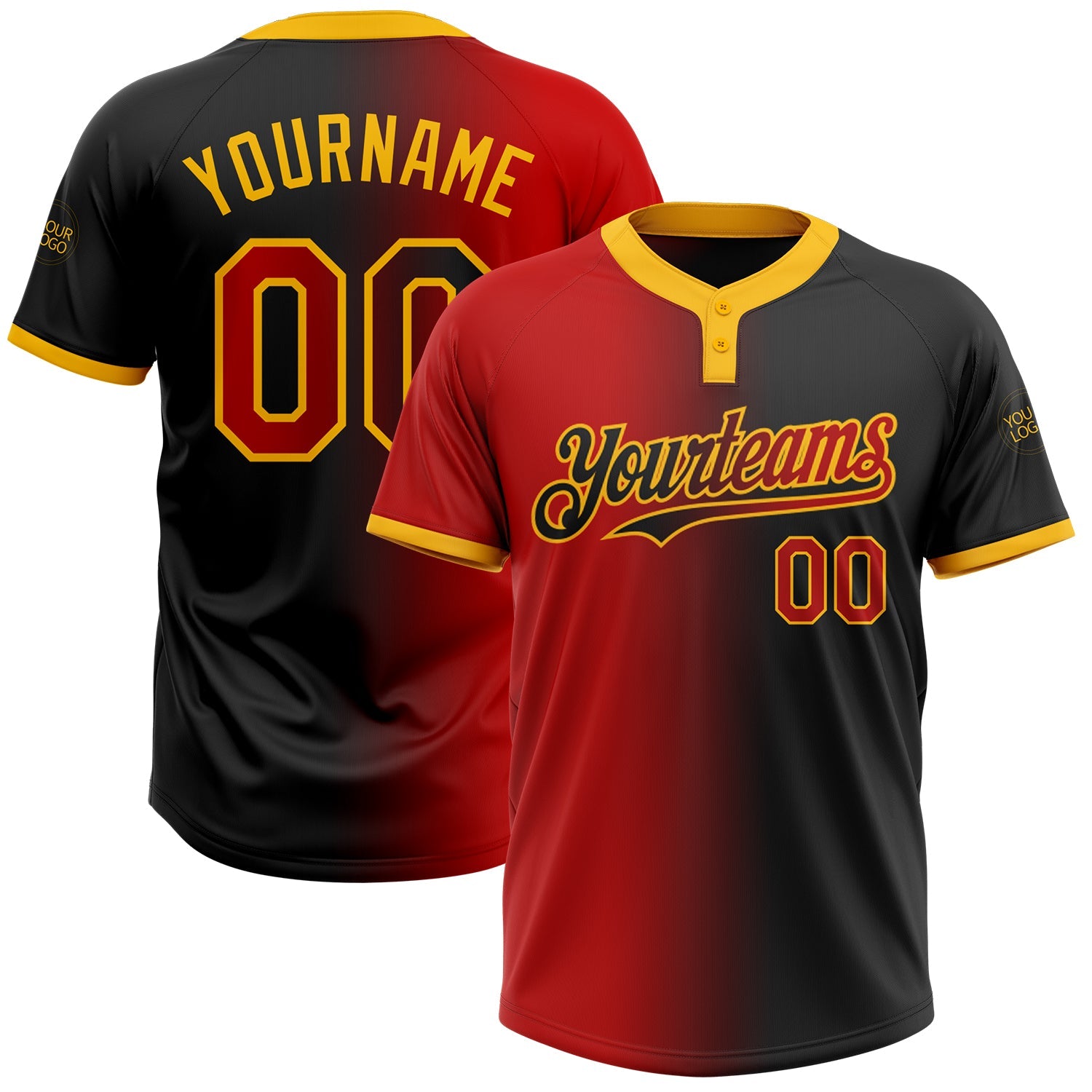 Custom Black Red-Gold Gradient Fashion Two-Button Unisex Softball Jersey - Main View