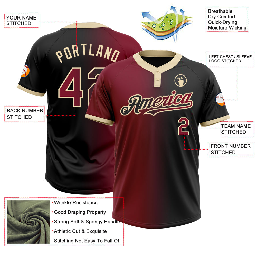 Custom Black Crimson-City Cream Gradient Fashion Two-Button Unisex Softball Jersey view 3