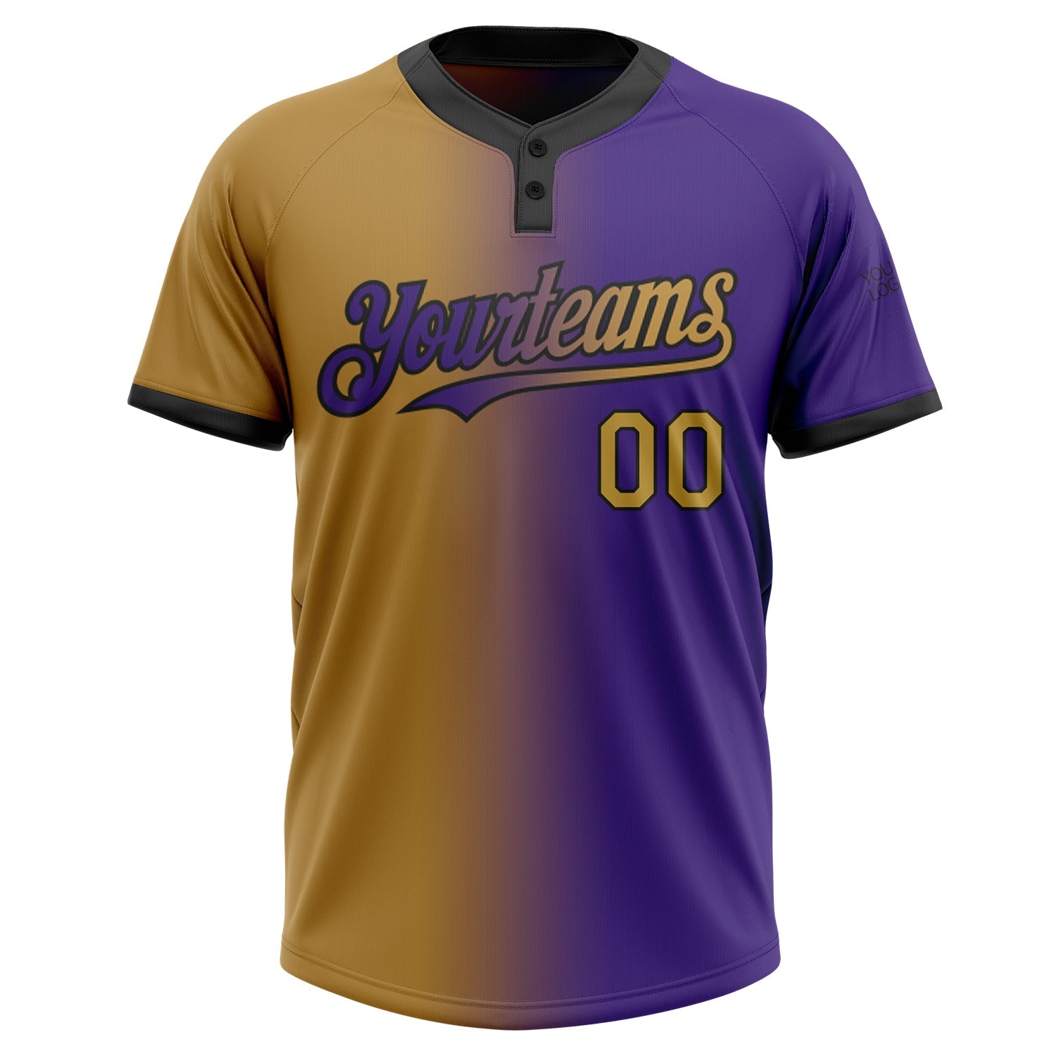 Custom Purple Old Gold-Black Gradient Fashion Two-Button Unisex Softball Jersey view 2
