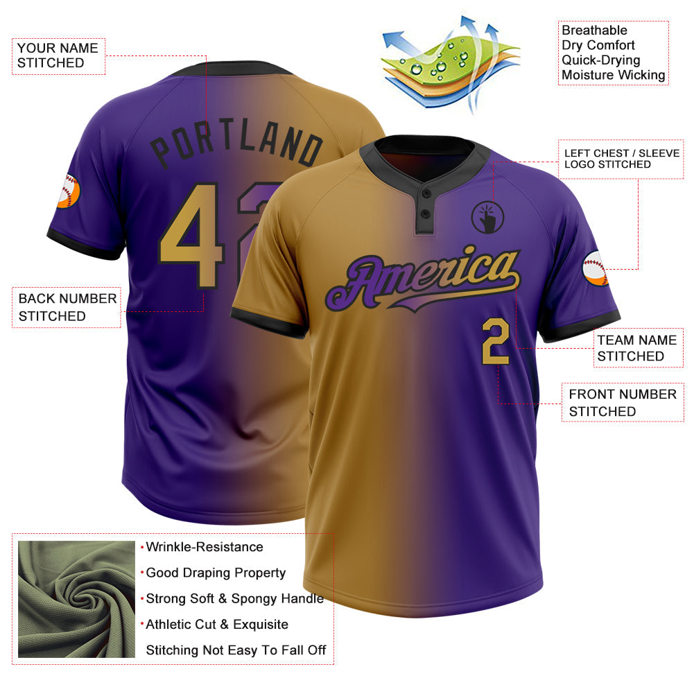 Custom Purple Old Gold-Black Gradient Fashion Two-Button Unisex Softball Jersey view 3