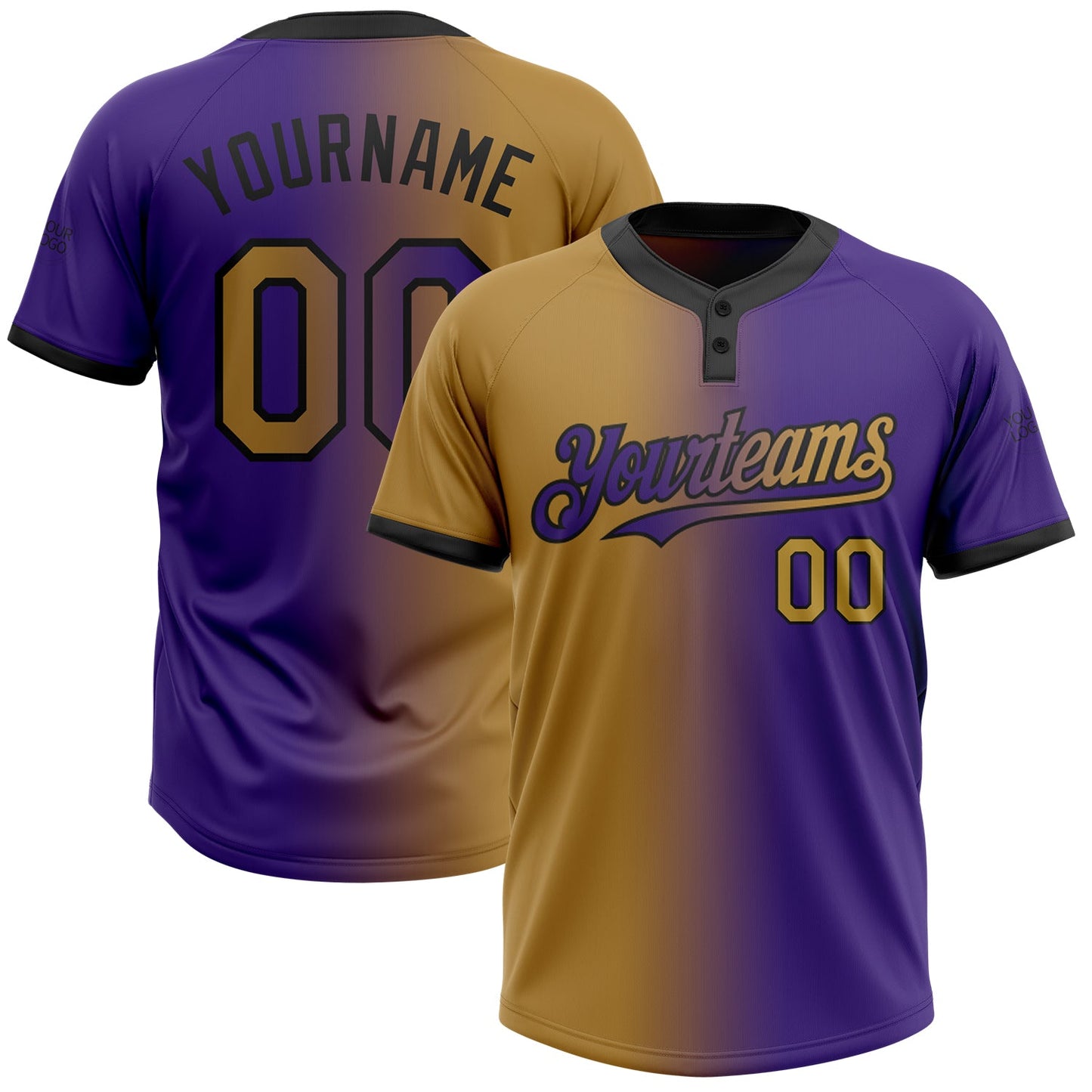 Custom Purple Old Gold-Black Gradient Fashion Two-Button Unisex Softball Jersey - Main View
