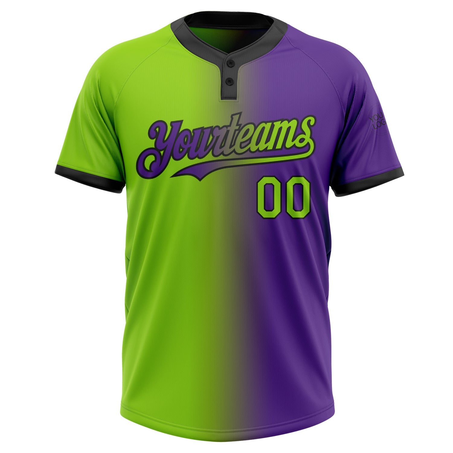 Custom Purple Neon Green-Black Gradient Fashion Two-Button Unisex Softball Jersey view 2