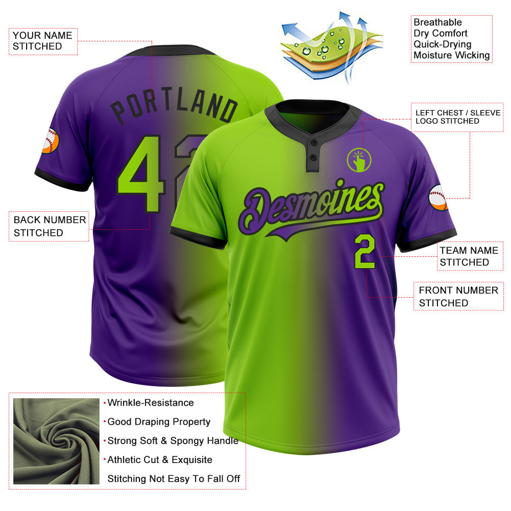 Custom Purple Neon Green-Black Gradient Fashion Two-Button Unisex Softball Jersey view 3