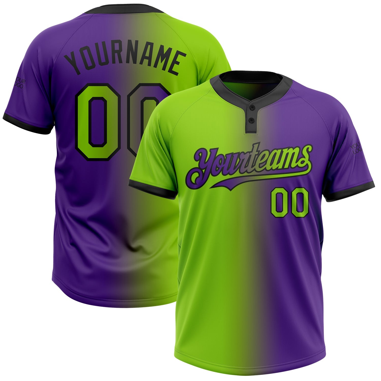 Custom Purple Neon Green-Black Gradient Fashion Two-Button Unisex Softball Jersey - Main View